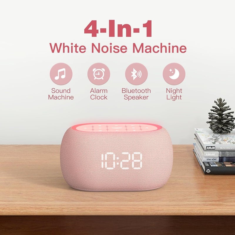 ANJANK White Noise Sound Machine Alarm Clock with Bluetooth Speaker, Hi-Fi Stereo Sound, 21 Soothing Sounds/7 Night Lights, 0-100% Dimmer/Sleep Timer, Soother for Teens Kids Girls, Bedroom, Pink - Image 2
